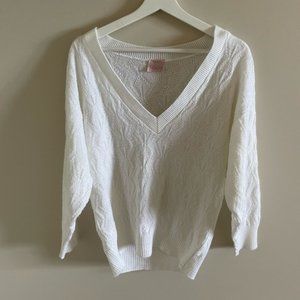 Vintage White Knit Cottage Core V-Neck Sweater Size Large